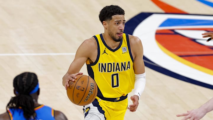Jun 8, 2025; Oklahoma City, Oklahoma, USA; Indiana Pacers guard Tyrese Haliburton (0) brings the ball up court against the Oklahoma City Thunder during the third quarter of game two of the 2025 NBA Finals at Paycom Center. Mandatory Credit: Alonzo Adams-Imagn Images