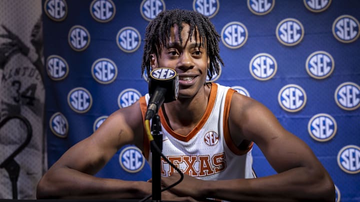 Oct 15, 2024; Birmingham, AL, USA; Texas Longhorns guard Tre Johnson talks with the media during SEC Media Days at Grand Bohemian Hotel. Mandatory Credit: Vasha Hunt-Imagn Images