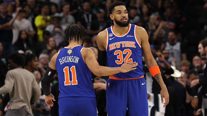 Jun 13, 2026; San Antonio, Texas, USA; New York Knicks guard Jalen Brunson (11) hugs Knicks center Karl-Anthony Towns (32) prior to the opening tip against the San Antonio Spurs in game five of the 2026 NBA Finals at Frost Bank Center. Mandatory Credit: Geoff Burke-Imagn Images
