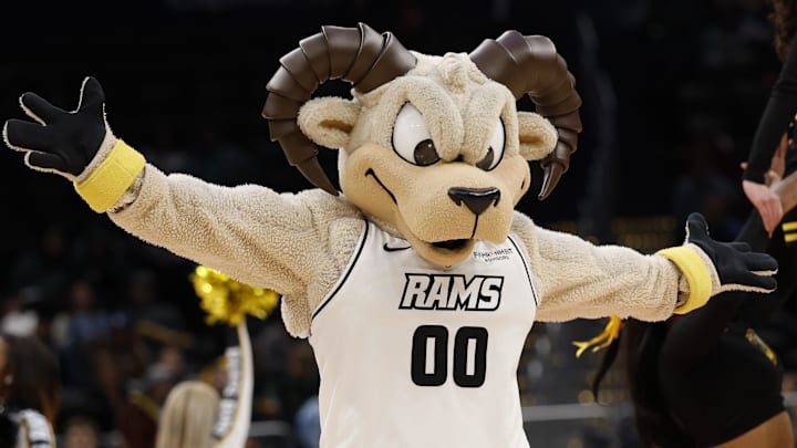 Mar 15, 2025; Washington, D.C., USA; VCU Rams mascot Rodney Ram dances on the court during a timeout against the Loyola Chicago Ramblers in the second half at Capital One Arena. Mandatory Credit: Geoff Burke-Imagn Images