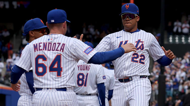 Apr 4, 2025; New York City, New York, USA; New York Mets manager Carlos Mendoza (64) greets right fielder Juan Soto (22) during introductions before the Mets home opener against the Toronto Blue Jays at Citi Field. Mandatory Credit: Brad Penner-Imagn Images Apr 4, 2025; New York City, New York, USA; New York Mets manager Carlos Mendoza (64) greets right fielder Juan Soto (22) during introductions before the Mets home opener against the Toronto Blue Jays at Citi Field. Mandatory Credit: Brad Penner-Imagn Images
