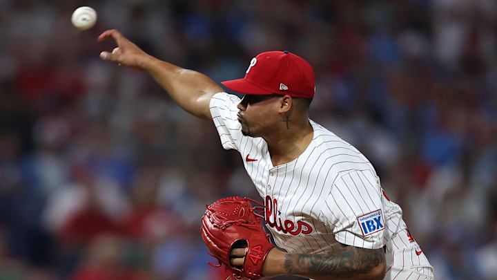 Aug 3, 2025; Philadelphia, Pennsylvania, USA; Philadelphia Phillies pitcher Jhoan Duran (59) throws a pitch during the ninth inning against the Detroit Tigers at Citizens Bank Park. Mandatory Credit: Bill Streicher-Imagn Images