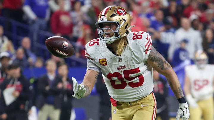 Dec 22, 2025; Indianapolis, Indiana, USA; San Francisco 49ers tight end George Kittle (85) reacts after a play against the Indianapolis Colts in the second quarter of the game at Lucas Oil Stadium. Mandatory Credit: Trevor Ruszkowski-Imagn Images