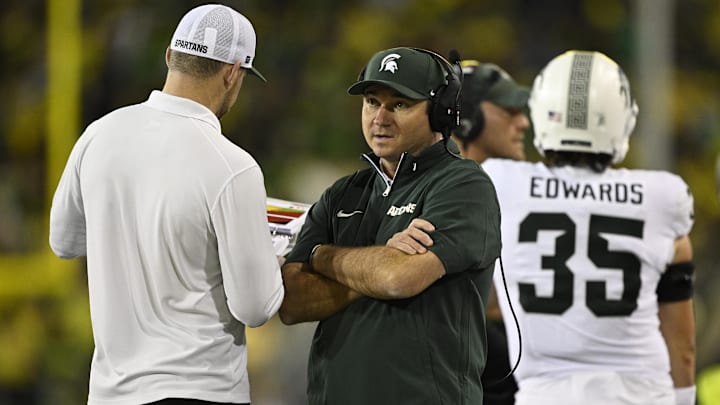 Oct 4, 2024; Eugene, Oregon, USA; Michigan State Spartans head coach Jonathan Smith during the second half in a game against the Oregon Ducks at Autzen Stadium. Mandatory Credit: Troy Wayrynen-Imagn Images