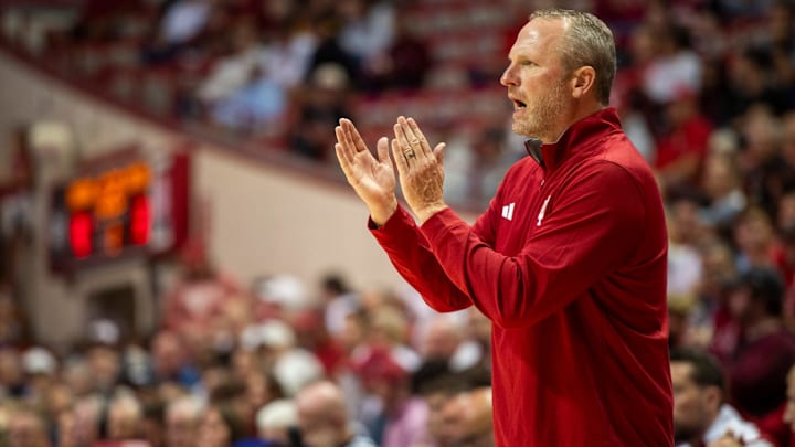 Indiana Head Coach Darian DeVries during the Indiana versus Marian men's basketball game at Simon Skjodt Assembly Hall on Friday, Oct. 17, 2025.