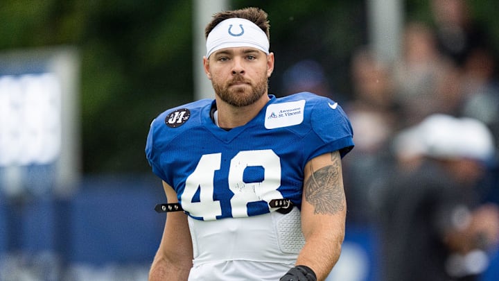 Indianapolis Colts linebacker Joe Bachie (48) makes his way onto the field Monday, July 28, 2025, ahead of training camp held at Grand Park in Westfield.