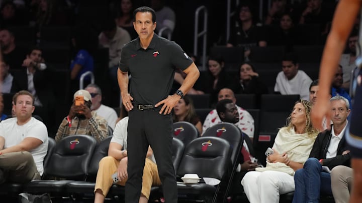 Oct 17, 2025; Miami, Florida, USA; Miami Heat head coach Erik Spoelstra looks on during the second half against the Memphis Grizzlies at Kaseya Center. Mandatory Credit: Jim Rassol-Imagn Images Oct 17, 2025; Miami, Florida, USA; Miami Heat head coach Erik Spoelstra looks on during the second half against the Memphis Grizzlies at Kaseya Center. Mandatory Credit: Jim Rassol-Imagn Images