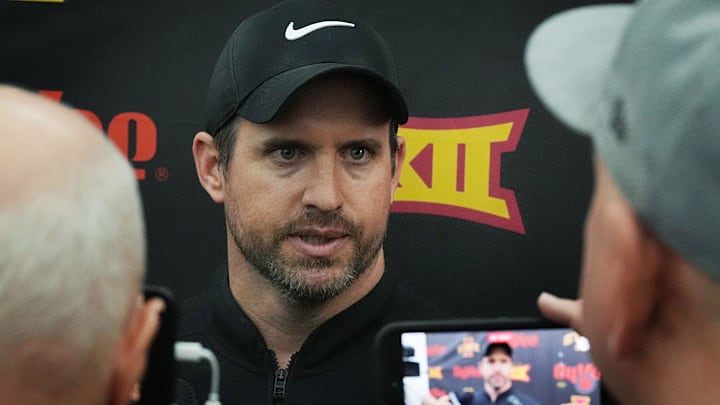 Iowa State football head coach Jimmy Rogers talks to media during NFL football pro-day at Bergstrom Football Complex on March 24, 2026, in Ames, Iowa.