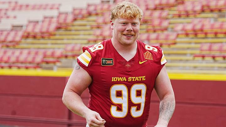 Iowa State defensive tackle Bryson Lamb (99) poses during the university football media day at Jack Trice Stadium  on August 19, 2026, in Ames, Iowa.