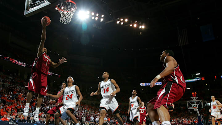 Darren Brooks of the Southern Illinois Salukis goes up for a layup in the first half against the Oklahoma State Cowboys.
