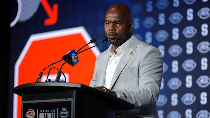 Jul 23, 2025; Charlotte, NC, USA; Syracuse Head Coach Fran Brown answers questions from the media during ACC Media days at Hilton Charlotte Uptown. Mandatory Credit: Jim Dedmon-Imagn Images