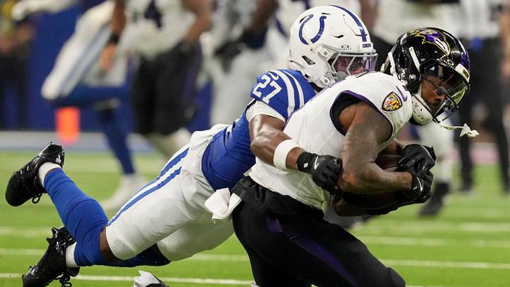 Indianapolis Colts cornerback Justin Walley (27) tackles Baltimore Ravens wide receiver Rashod Bateman (7) on Sunday, Sept. 13, 2026, during a game against the Baltimore Ravens at Lucas Oil Stadium in Indianapolis. Indianapolis Colts cornerback Justin Walley (27) tackles Baltimore Ravens wide receiver Rashod Bateman (7) on Sunday, Sept. 13, 2026, during a game against the Baltimore Ravens at Lucas Oil Stadium in Indianapolis.