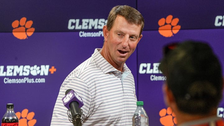 Clemson head coach Dabo Swinney smiles as he leaves after speaking during Clemson football media day at the Smart Family Media Center in Clemson, SC Tuesday, July 15, 2025.