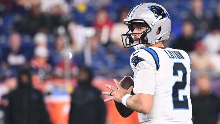 August 8, 2024; Foxborough, MA, USA;  Carolina Panthers quarterback Jake Luton (2) looks to pass the ball during the second half against the New England Patriots at Gillette Stadium. Mandatory Credit: Eric Canha-USA TODAY Sports