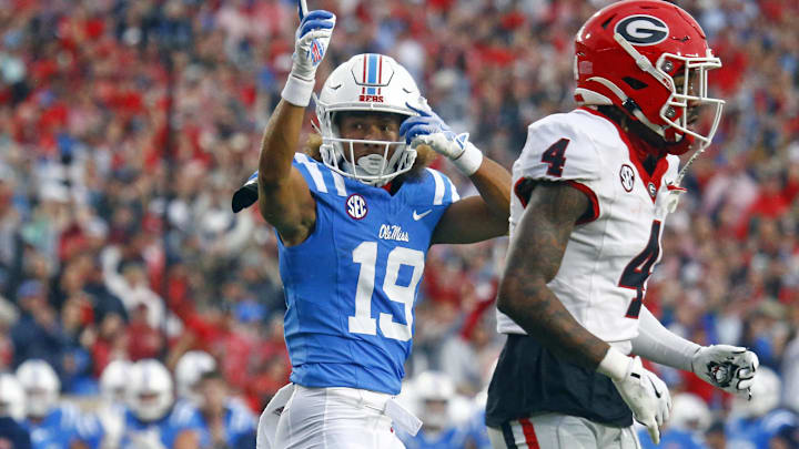 Nov 9, 2024; Oxford, Mississippi, USA; Mississippi Rebels wide receiver Cayden Lee (19) reacts after a first down catch during the first half against the Georgia Bulldogs at Vaught-Hemingway Stadium. Mandatory Credit: Petre Thomas-Imagn Images