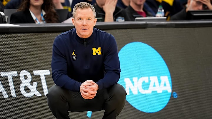 Michigan coach Dusty May during a NCAA Tournament Elite 8 Michigan coach Dusty May during a NCAA Tournament Elite 8