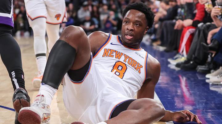 Jan 25, 2025; New York, New York, USA;  New York Knicks forward OG Anunoby (8) reacts after being fouled in the second quarter against the Sacramento Kings at Madison Square Garden. Mandatory Credit: Wendell Cruz-Imagn Images