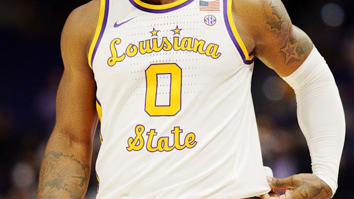 Jan 28, 2023; Baton Rouge, Louisiana, USA; Detailed view of the jersey worn by LSU Tigers guard Trae Hannibal (0) against the Texas Tech Red Raiders during the first half at Pete Maravich Assembly Center. Mandatory Credit: Andrew Wevers-Imagn Images Jan 28, 2023; Baton Rouge, Louisiana, USA; Detailed view of the jersey worn by LSU Tigers guard Trae Hannibal (0) against the Texas Tech Red Raiders during the first half at Pete Maravich Assembly Center. Mandatory Credit: Andrew Wevers-Imagn Images