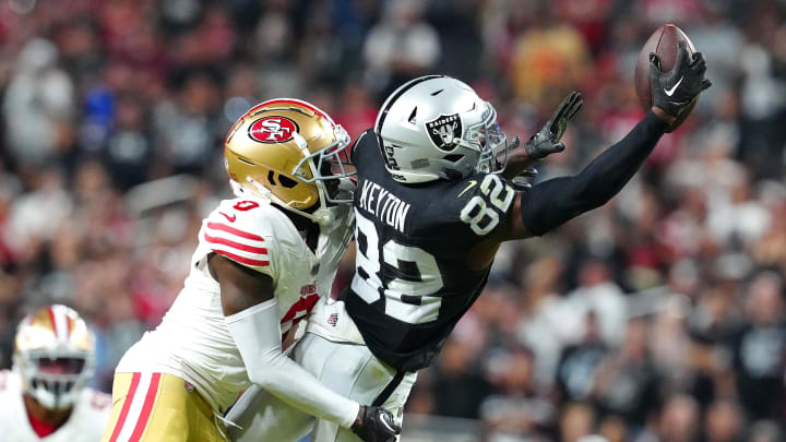 Aug 23, 2024; Paradise, Nevada, USA; Las Vegas Raiders wide receiver Ramel Keyton (82) makes a catch against San Francisco 49ers cornerback Samuel Womack III (0) during the fourth quarter at Allegiant Stadium. Mandatory Credit: Stephen R. Sylvanie-USA TODAY Sports