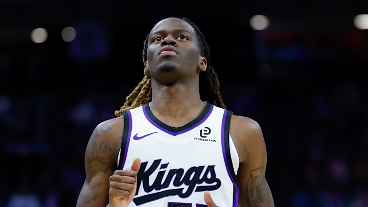 Oct 15, 2025; Sacramento, California, USA; Sacramento Kings guard Keon Ellis (23) looks on during the second quarter against the Los Angeles Clippers at Golden 1 Center.