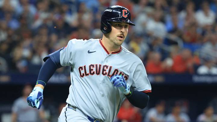 Oct 12, 2026; St. Petersburg, Florida, USA; Cleveland Guardians first baseman Nathaniel Lowe (46) hits a single during the second inning in game one of the ALCS for the 2026 MLB Playoffs at Tropicana Field. Mandatory Credit: Kim Klement Neitzel-Imagn Images Oct 12, 2026; St. Petersburg, Florida, USA; Cleveland Guardians first baseman Nathaniel Lowe (46) hits a single during the second inning in game one of the ALCS for the 2026 MLB Playoffs at Tropicana Field. Mandatory Credit: Kim Klement Neitzel-Imagn Images