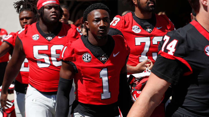 Georgia running back Trevor Etienne (1) arrives with the team before the start of the G-Day spring football game in Athens, Ga., on Saturday, April 13, 2024. Georgia running back Trevor Etienne (1) arrives with the team before the start of the G-Day spring football game in Athens, Ga., on Saturday, April 13, 2024.