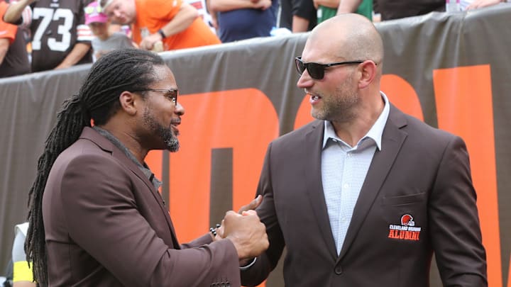 Former Browns offensive tackle Joe Thomas is congratulated by Josh Cribbs after being inducted into the Browns Ring of Honor at against the New York Jets on Sunday, Sept. 18, 2022 in Cleveland.

Akr 9 18 Browns 15