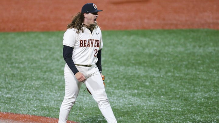 Oregon State's Albert Roblez celebrates his strikeout to end the game during an NCAA college baseball game at Goss Stadium on Friday, March 6, 2026, in Corvallis, Ore.
