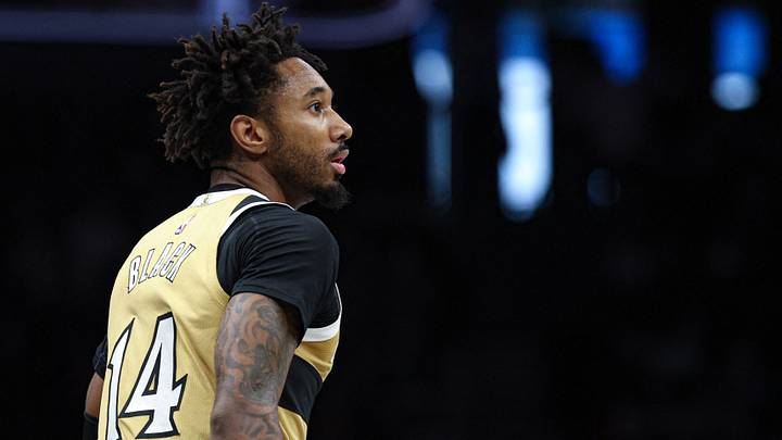 Apr 5, 2026; Brooklyn, New York, USA; Washington Wizards forward Leaky Black (14) looks back during the first quarter against the Brooklyn Nets at Barclays Center. Mandatory Credit: Vincent Carchietta-Imagn Images