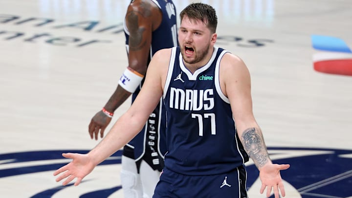 Jun 12, 2024; Dallas, Texas, USA; Dallas Mavericks guard Luka Doncic (77) reacts after a play against the Boston Celtics during the third quarter during game three of the 2024 NBA Finals at American Airlines Center. Mandatory Credit: Kevin Jairaj-Imagn Images