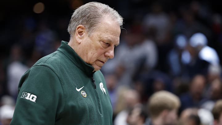 Mar 27, 2026; Washington, DC, USA; Michigan State Spartans head coach Tom Izzo reacts in the first half during a Sweet Sixteen game of the East Regional of the men's 2026 NCAA Tournament at Capital One Arena. Mandatory Credit: Amber Searls-Imagn Images
