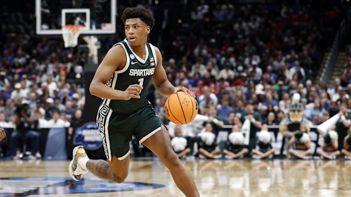 Mar 27, 2026; Washington, DC, USA; Michigan State Spartans guard Jeremy Fears Jr. (1) dribbles the ball against the UConn Huskies in the first half during a Sweet Sixteen game of the East Regional of the men's 2026 NCAA Tournament at Capital One Arena. Mandatory Credit: Amber Searls-Imagn Images