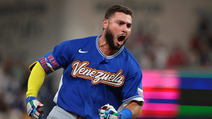 Mar 17, 2026; Miami, FL, United States; Venezuela outfielder Wilyer Abreu (16) reacts after hitting a home run against the United States in the fifth inning during the 2026 World Baseball Classic Championship game at loanDepot Park. Mandatory Credit: Sam Navarro-Imagn Images