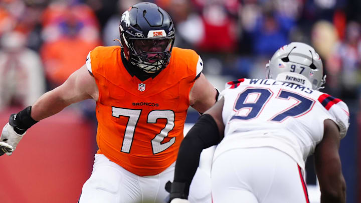Jan 25, 2026; Denver, CO, USA; Denver Broncos offensive tackle Garett Bolles (72) blocks New England Patriots defensive end Milton Williams (97) during the first half in the 2026 AFC Championship Game at Empower Field at Mile High. 