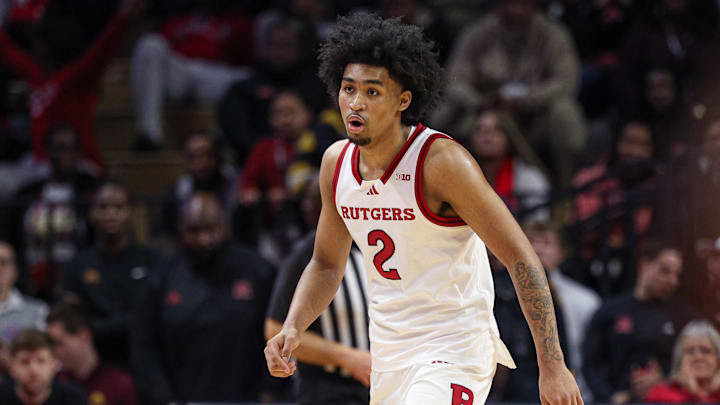 Mar 9, 2025; Piscataway, New Jersey, USA; Rutgers Scarlet Knights guard Dylan Harper (2) in action during overtime against the Minnesota Golden Gophers at Jersey Mike's Arena. Mandatory Credit: Vincent Carchietta-Imagn Images