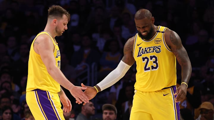 Los Angeles Lakers Luka Doncic and LeBron James on Feb 27, 2025.