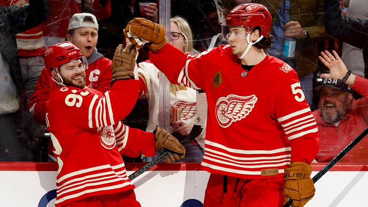 Detroit Red Wings forward Alex DeBrincat and defenseman Moritz Seider