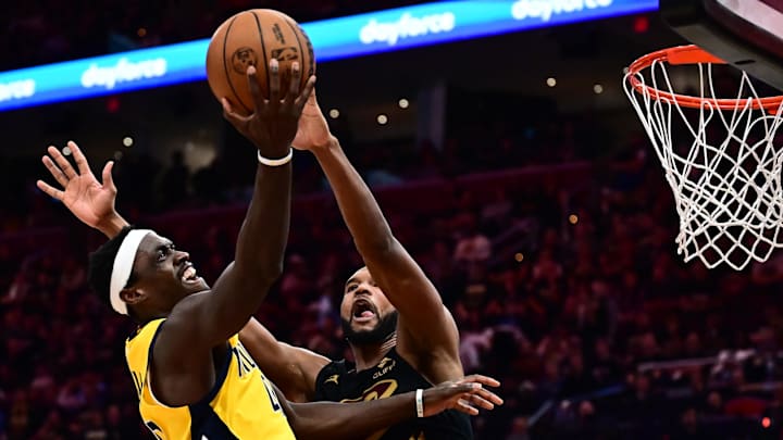 May 13, 2025; Cleveland, Ohio, USA; Indiana Pacers forward Pascal Siakam (43) drives to the basket against Cleveland Cavaliers forward Evan Mobley (4) during the second half of game five of the second round for the 2025 NBA Playoffs at Rocket Arena. Mandatory Credit: Ken Blaze-Imagn Images May 13, 2025; Cleveland, Ohio, USA; Indiana Pacers forward Pascal Siakam (43) drives to the basket against Cleveland Cavaliers forward Evan Mobley (4) during the second half of game five of the second round for the 2025 NBA Playoffs at Rocket Arena. Mandatory Credit: Ken Blaze-Imagn Images