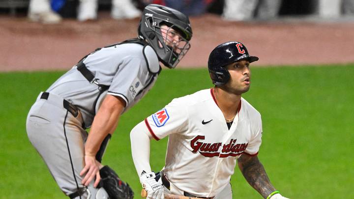Jul 2, 2026: Chicago White Sox catcher Kyle Teel (8) reacts as Cleveland Guardians shortstop Brayan Rocchio (4) watches his two-run game-winning home run in the ninth inning at Progressive Field. Credit: David Richard-Imagn Images