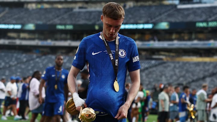 Jul 13, 2025; East Rutherford, New Jersey, USA; Chelsea FC midfielder Cole Palmer (10) celebrates with the golden ball trophy