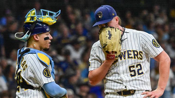 Sep 12, 2026; Milwaukee, Wisconsin, USA; Milwaukee Brewers pitcher Kyle Harrison (52) talks to catcher William Contreras (24) in the eighth inning against the Cincinnati Reds at American Family Field. Mandatory Credit: Benny Sieu-Imagn Images Sep 12, 2026; Milwaukee, Wisconsin, USA; Milwaukee Brewers pitcher Kyle Harrison (52) talks to catcher William Contreras (24) in the eighth inning against the Cincinnati Reds at American Family Field. Mandatory Credit: Benny Sieu-Imagn Images