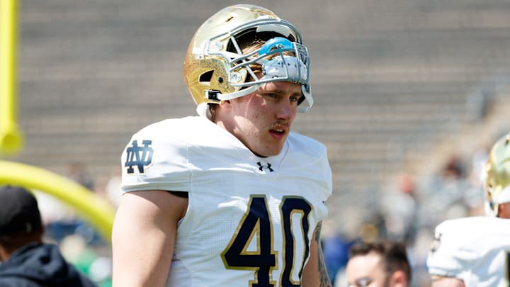 Notre Dame defensive lineman Joshua Burnham during the Notre Dame Blue-Gold spring football game at Notre Dame Stadium on Saturday, April 12, 2025, in South Bend.