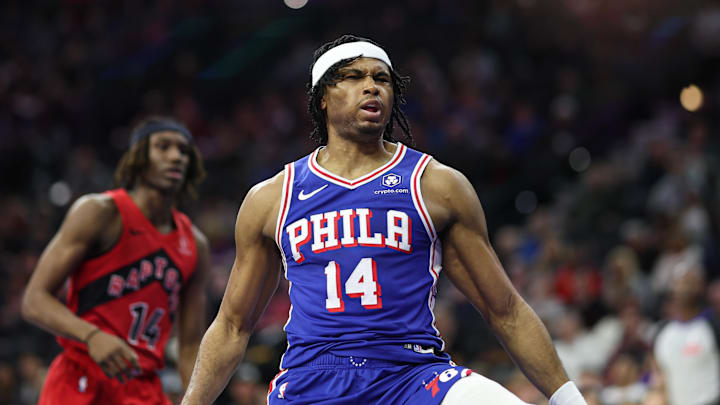 Mar 30, 2025; Philadelphia, Pennsylvania, USA; Philadelphia 76ers guard Ricky Council IV (14) reacts after dunking the ball against the Toronto Raptors during the second quarter at Wells Fargo Center. Mandatory Credit: Bill Streicher-Imagn Images Mar 30, 2025; Philadelphia, Pennsylvania, USA; Philadelphia 76ers guard Ricky Council IV (14) reacts after dunking the ball against the Toronto Raptors during the second quarter at Wells Fargo Center. Mandatory Credit: Bill Streicher-Imagn Images