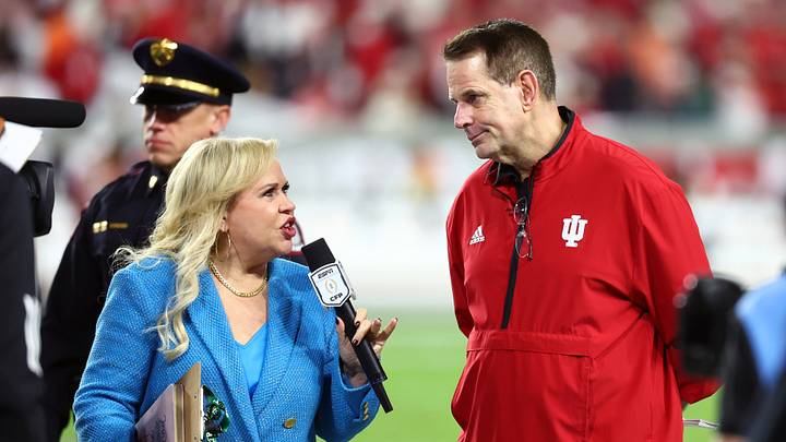 Jan 19, 2026; Miami Gardens, FL, USA; Indiana Hoosiers head coach Curt Cignetti (right) is interviewed by ESPN reporter Holly Rowe during the game against the Miami Hurricanes in the College Football Playoff National Championship game at Hard Rock Stadium. Mandatory Credit: Mark J. Rebilas-Imagn Images Jan 19, 2026; Miami Gardens, FL, USA; Indiana Hoosiers head coach Curt Cignetti (right) is interviewed by ESPN reporter Holly Rowe during the game against the Miami Hurricanes in the College Football Playoff National Championship game at Hard Rock Stadium. Mandatory Credit: Mark J. Rebilas-Imagn Images