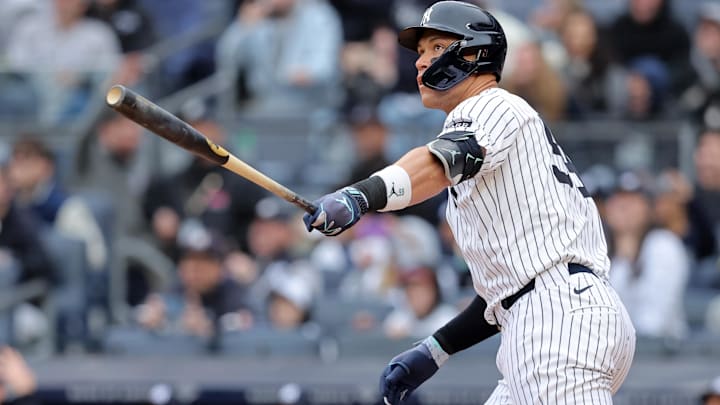 Mar 30, 2025; Bronx, New York, USA; New York Yankees right fielder Aaron Judge (99) watches his two run home run against the Milwaukee Brewers during the first inning at Yankee Stadium. Mandatory Credit: Brad Penner-Imagn Images Mar 30, 2025; Bronx, New York, USA; New York Yankees right fielder Aaron Judge (99) watches his two run home run against the Milwaukee Brewers during the first inning at Yankee Stadium. Mandatory Credit: Brad Penner-Imagn Images