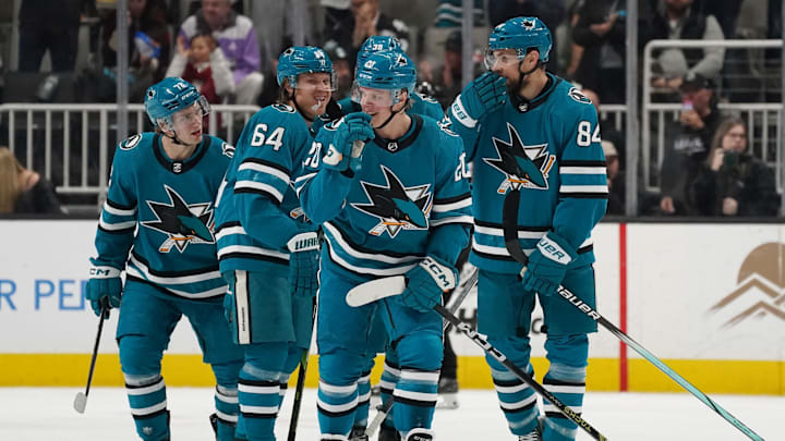 Apr 13, 2024; San Jose, California, USA; San Jose Sharks left wing William Eklund (72), San Jose