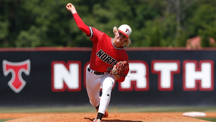 North Oconee's Bubba Chandler throws a pitch during Game 1 of a GHSA Class 4A semifinal doubleheader