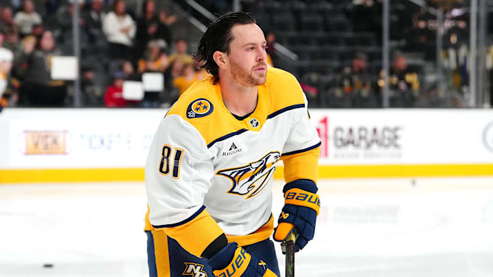 Jan 17, 2026; Las Vegas, Nevada, USA; Nashville Predators center Jonathan Marchessault (81) warms up before a game against the Vegas Golden Knights at T-Mobile Arena. Mandatory Credit: Stephen R. Sylvanie-Imagn Images