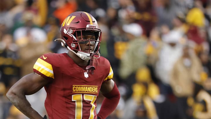 Nov 10, 2024; Landover, Maryland, USA; Washington Commanders wide receiver Terry McLaurin (17) looks on from the field during final minute of the game against the Pittsburgh Steelers at Northwest Stadium. Mandatory Credit: Amber Searls-Imagn Images