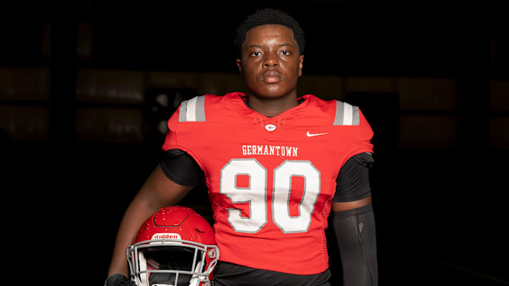Germantown’s Djidjou Bah poses for a portrait at Collierville High School on July 15, 2025. Bah is on The Commercial Appeal's 2025 Dandy Dozen list, a collection of the top college football prospects from the 2026 class in the Memphis area as selected by the newspaper.